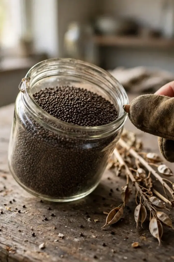 Glass jar of home-harvested brown rai seeds beside dried mustard stalks