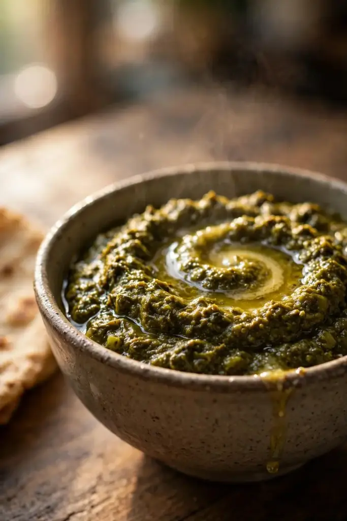 Rustic bowl of sarson ka saag with melted ghee on top