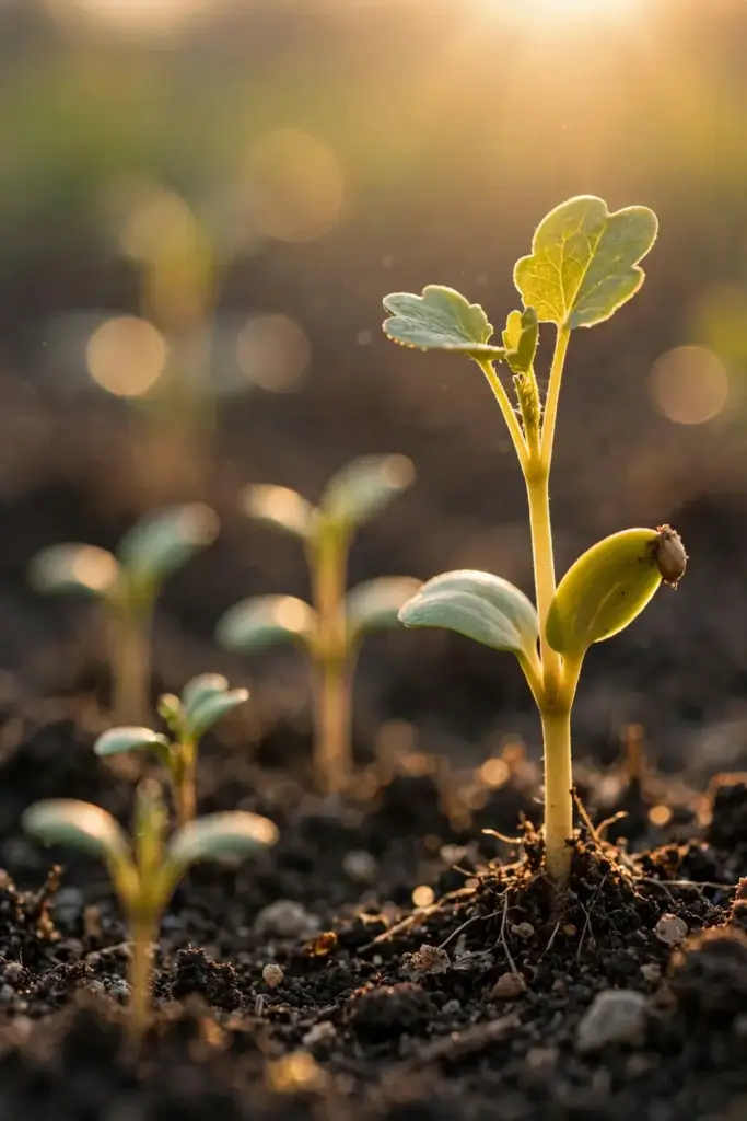 Mustard seedlings at successive stages emerging from dark garden soil