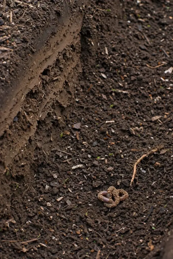 Dark compost-rich garden soil with crumbly texture in a vegetable bed