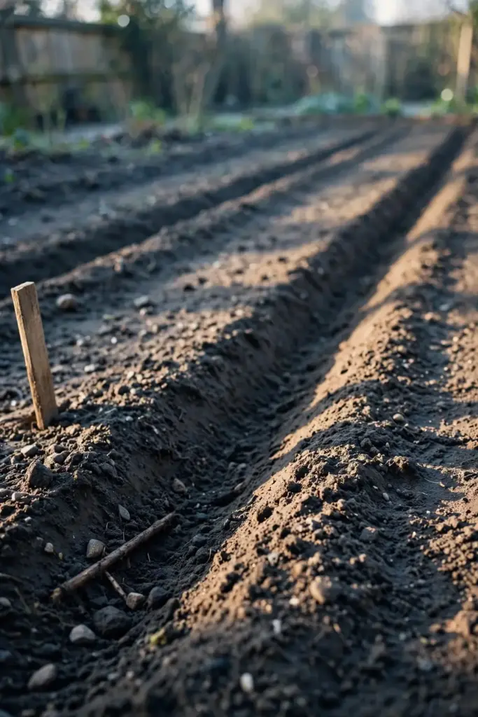 Freshly sown garden bed with marked rows in cool-season morning light