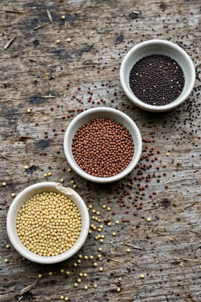 Three bowls comparing yellow, brown, and black mustard seeds side by side