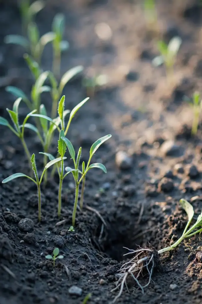 Thinned mustard seedlings with one pulled seedling at the frame edge