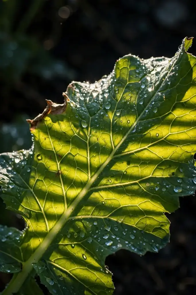 Backlit mustard leaf with water droplets on its veins