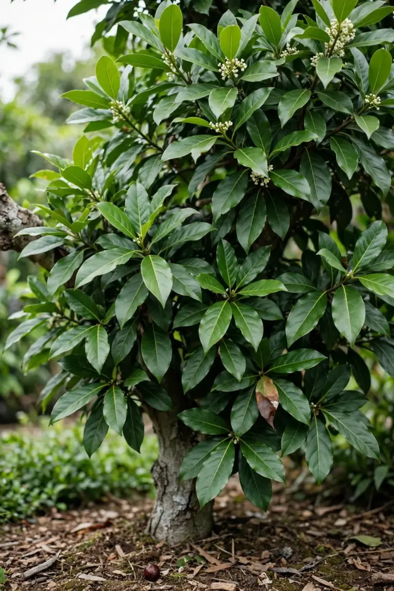 Mature Indonesian bay leaf tree with dense glossy evergreen canopy in a home garden