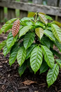 Young Indonesian cinnamon tree with glossy veined leaves in a mulched garden bed