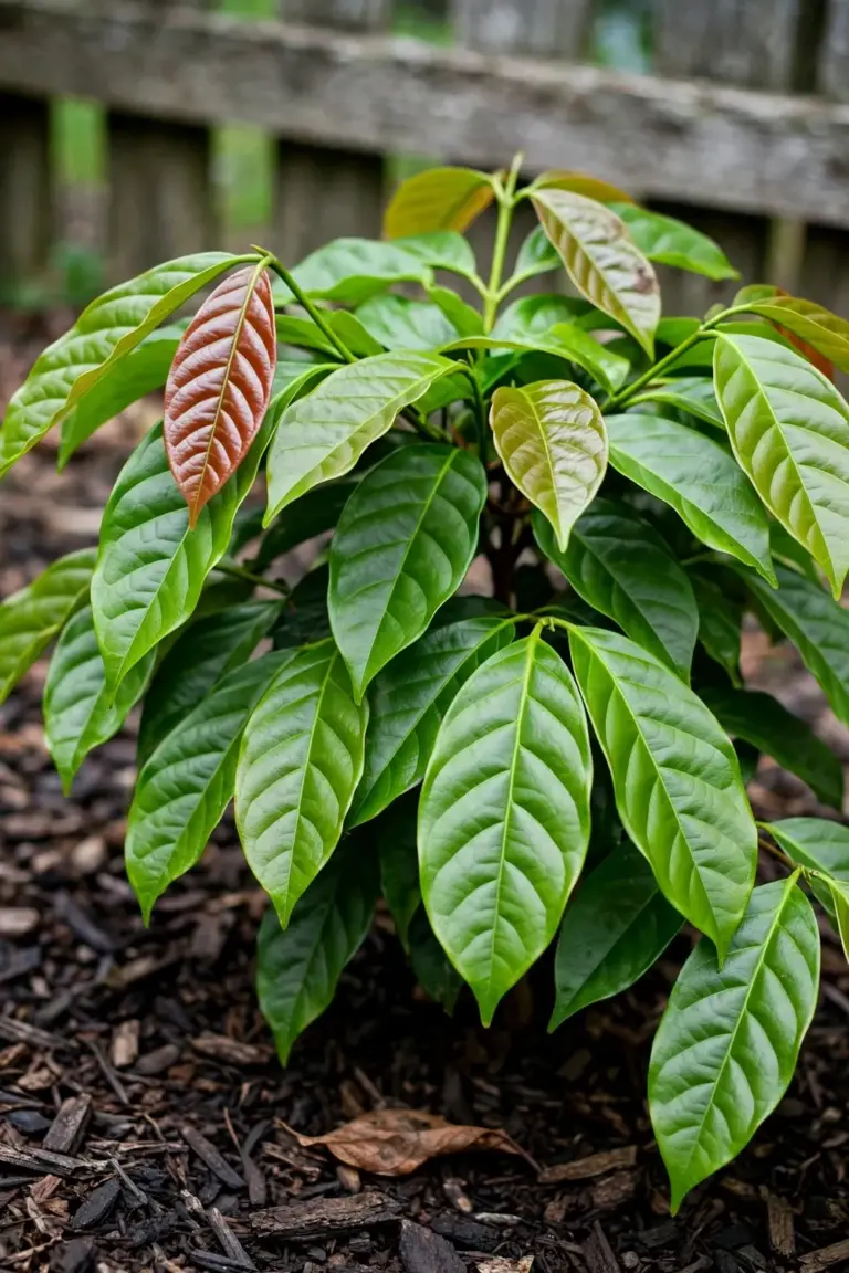 Young Indonesian cinnamon tree with glossy veined leaves in a mulched garden bed