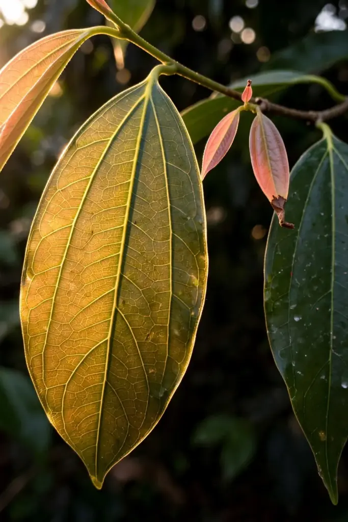 Glossy cinnamon leaves with three prominent veins and a reddish new flush, macro view