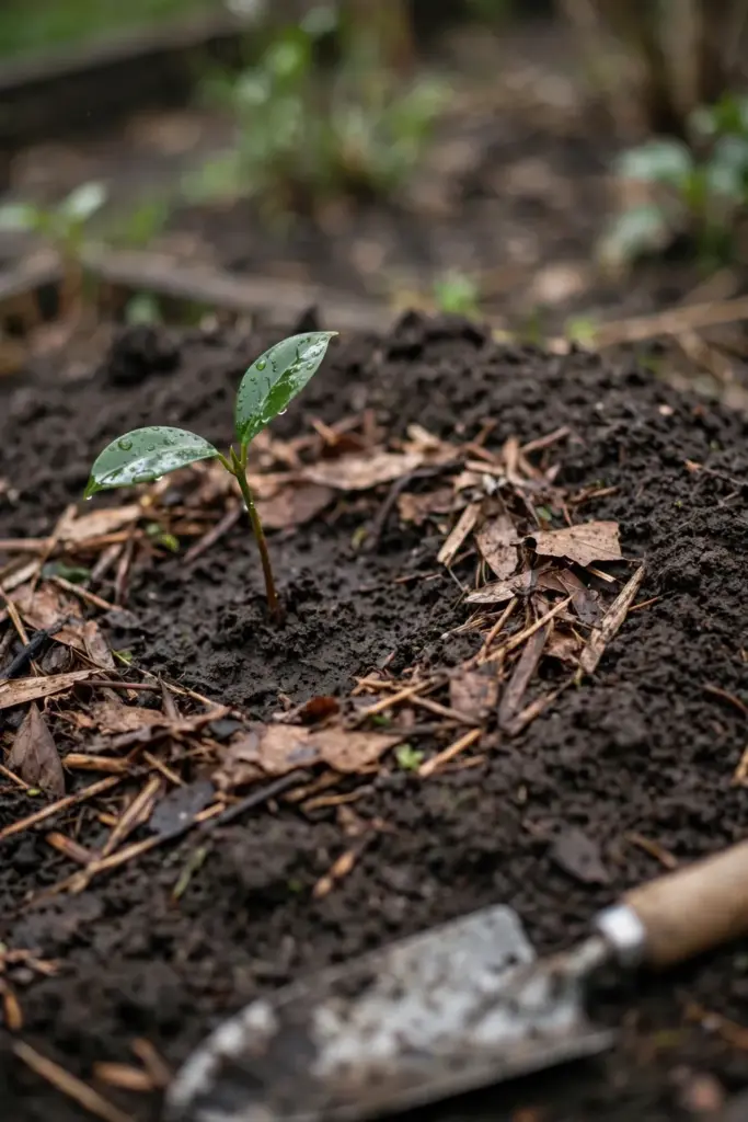 Cinnamon seedling planted in a raised mound with a mulch ring