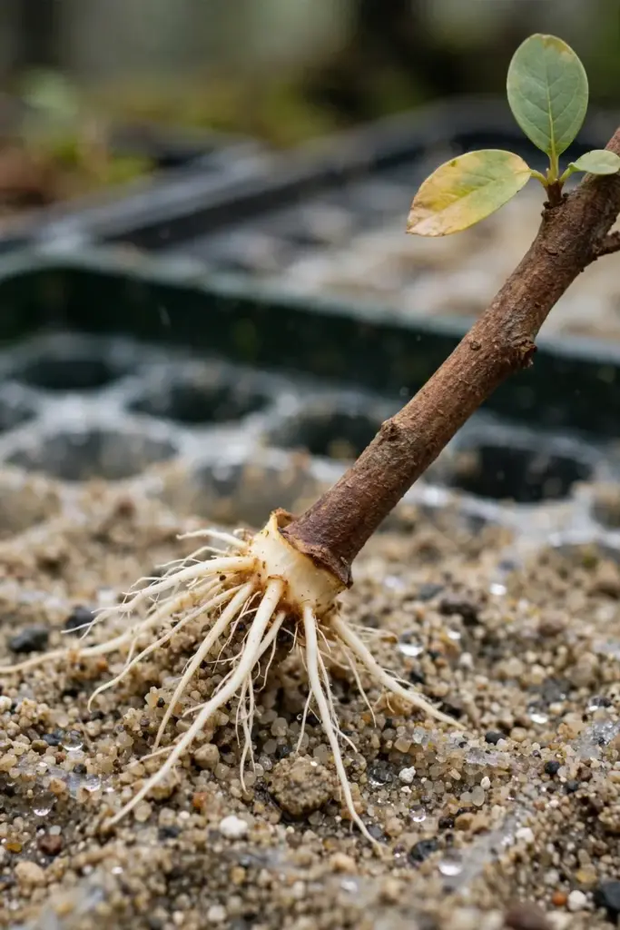Cinnamon cutting base with fresh white roots in coarse sand