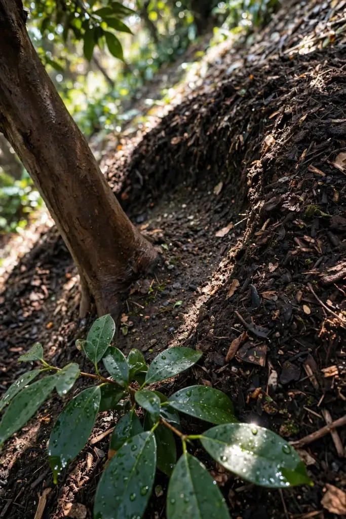 Compost mulch ring around a cinnamon trunk with water droplets on leaves