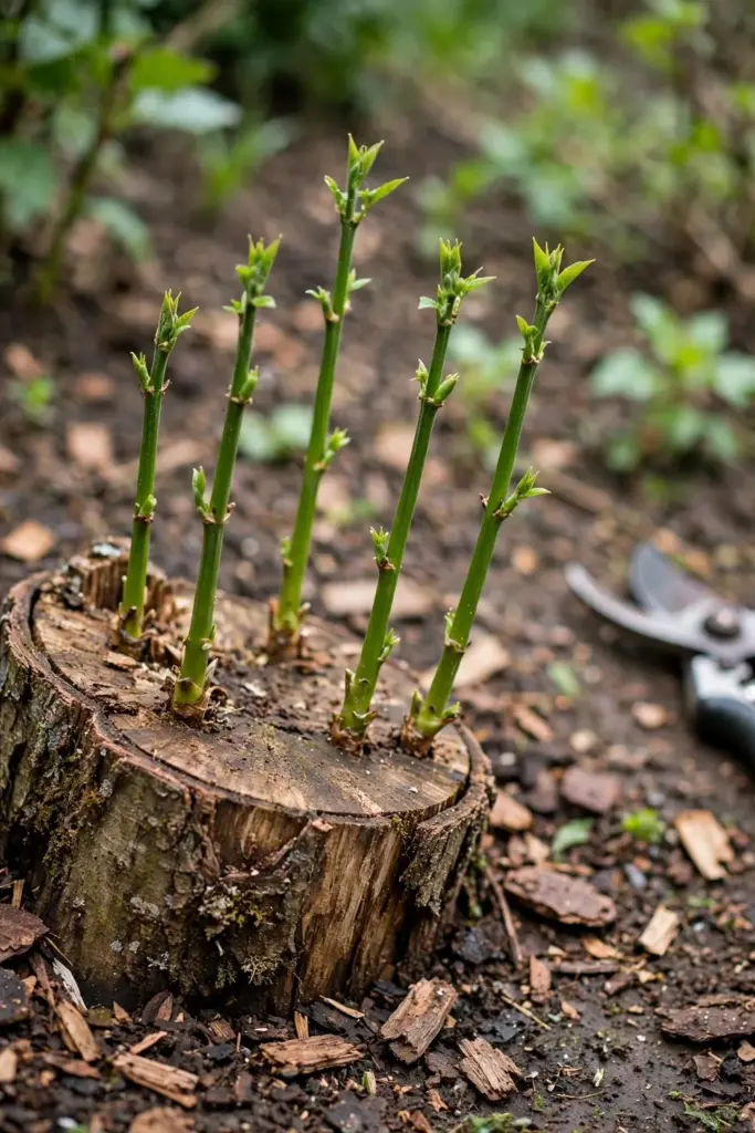 Low coppice stump sprouting straight cinnamon shoots, shears at the edge