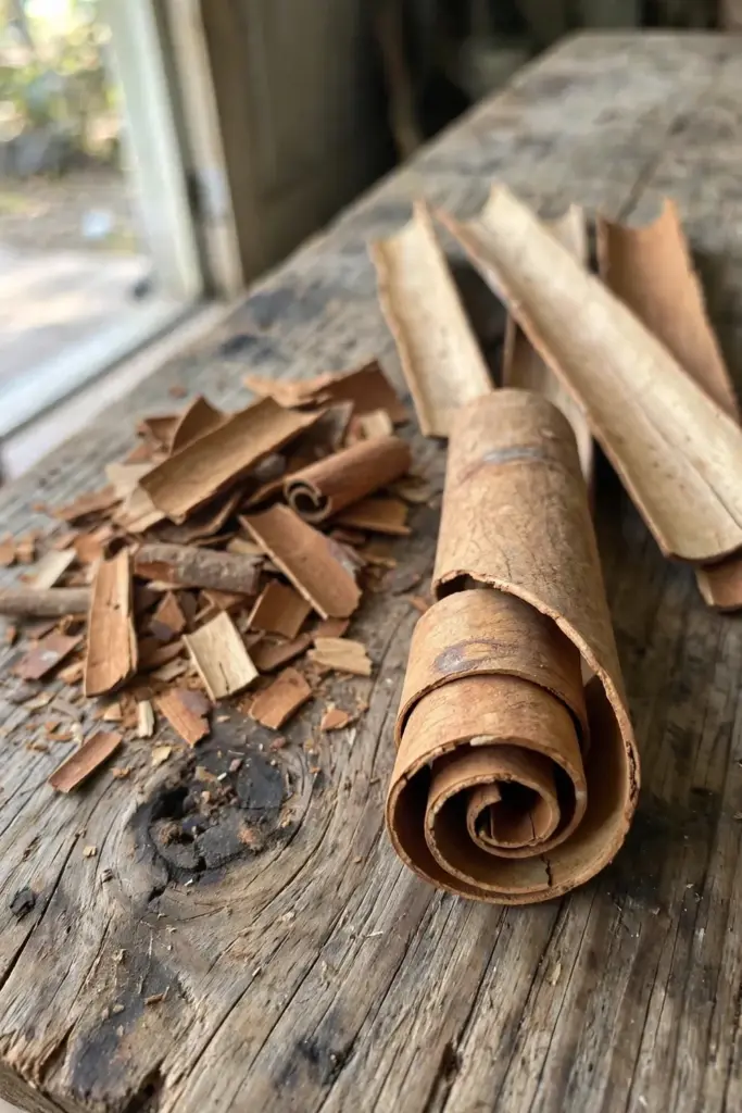 Freshly peeled cinnamon bark strips curling into quills on a wooden board in shade
