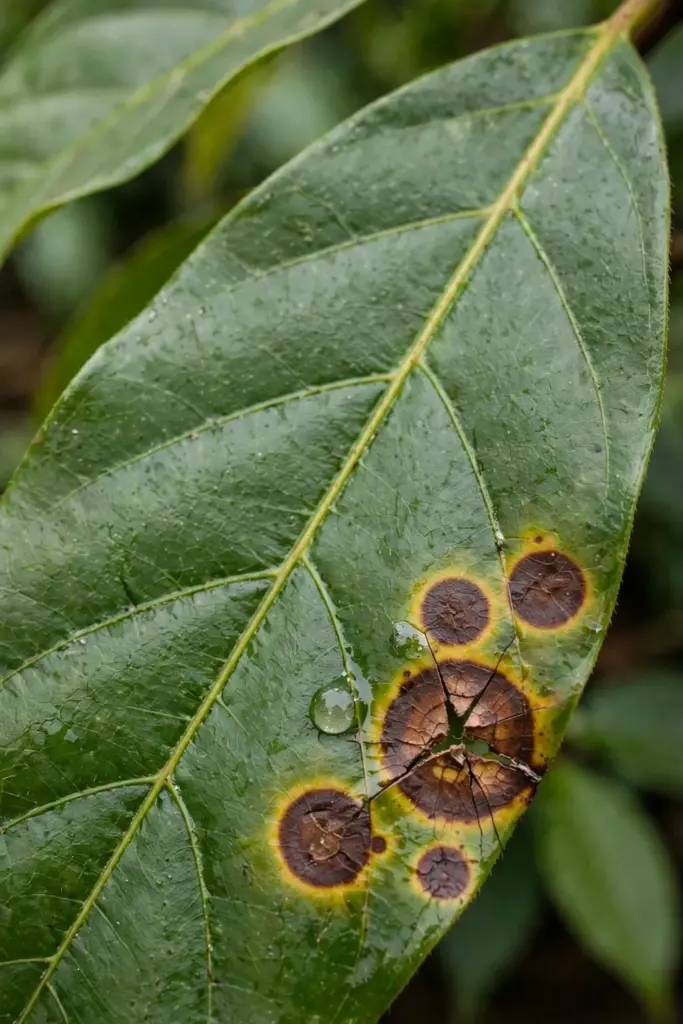 Brown circular leaf spot symptoms on a cinnamon leaf, macro detail