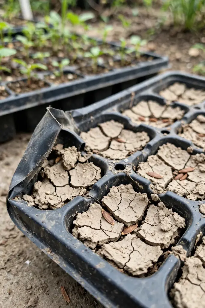 Dry cracked nursery tray with unsprouted cinnamon seed, a failed sowing