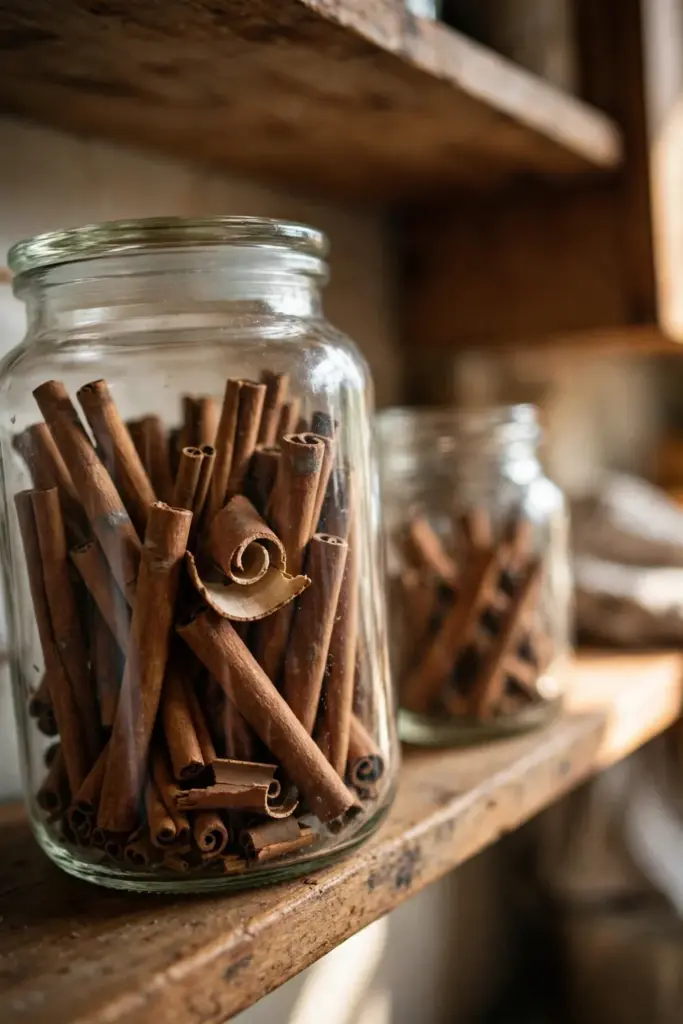 Glass jar filled with homemade cinnamon quills on a kitchen shelf