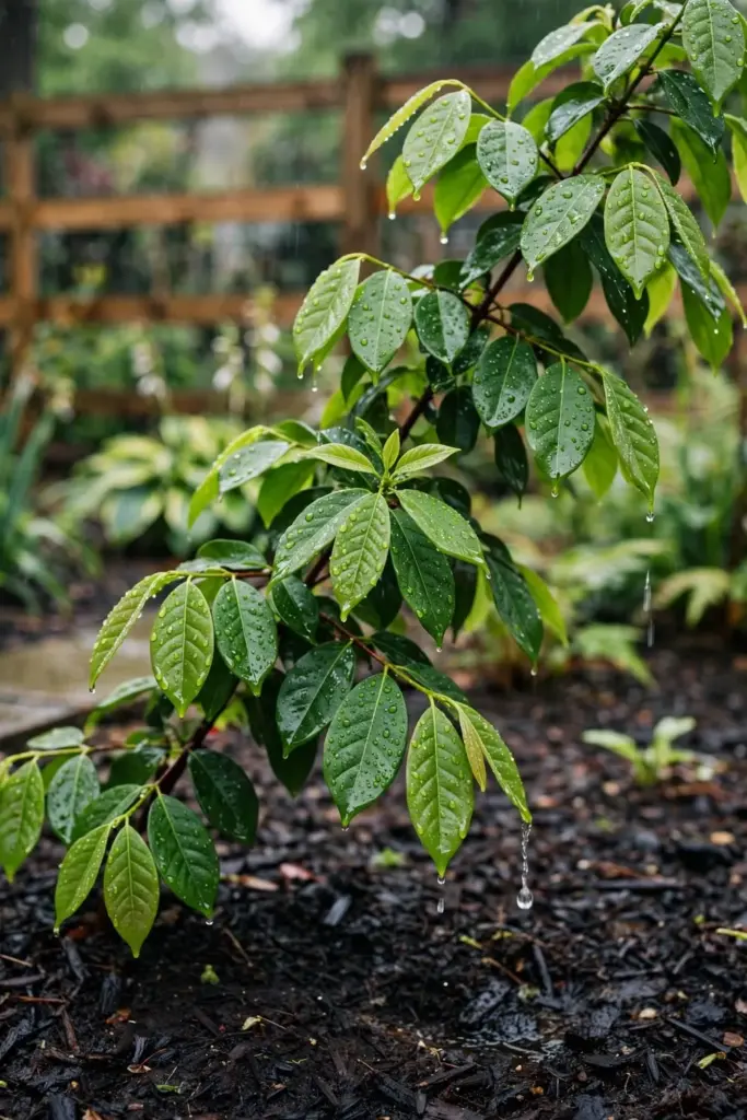 Young cinnamon tree in a home garden with rain droplets on glossy leaves
