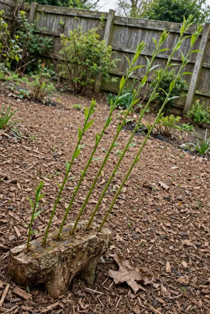 Young cinnamon tree regrowing as straight shoots from a low coppiced stump