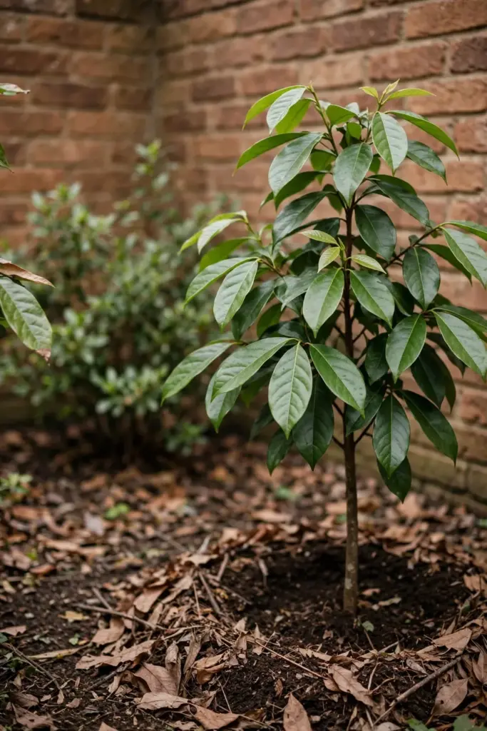 Cinnamon tree planted in a sheltered sunny corner beside a warm garden wall