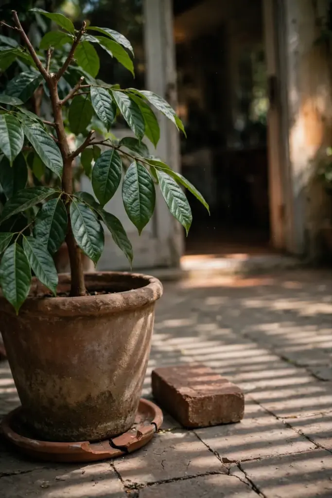 Cinnamon tree growing in a large terracotta pot on a shaded patio