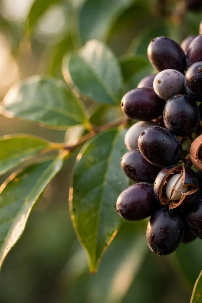 Ripe purple-black cinnamon berries clustered on the branch, close-up
