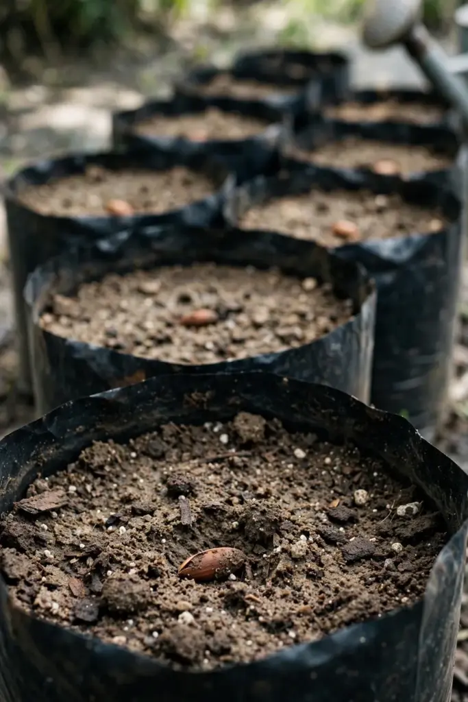 Cinnamon seeds sown shallow in nursery bags of sandy compost mix