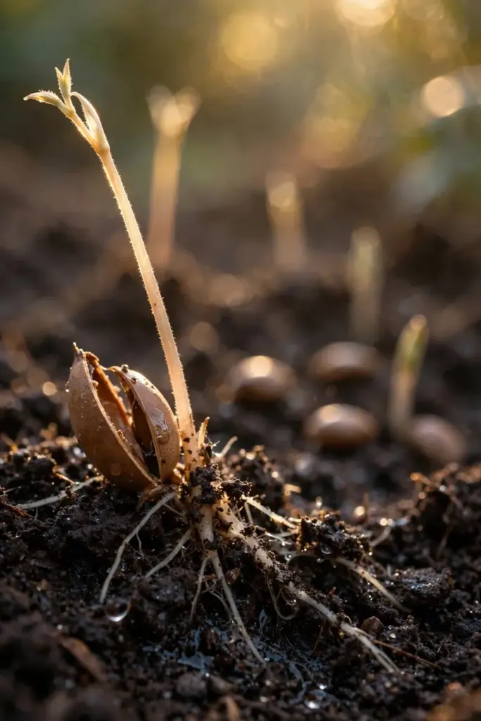 Pale cinnamon sprout pushing through dark crumbly nursery soil