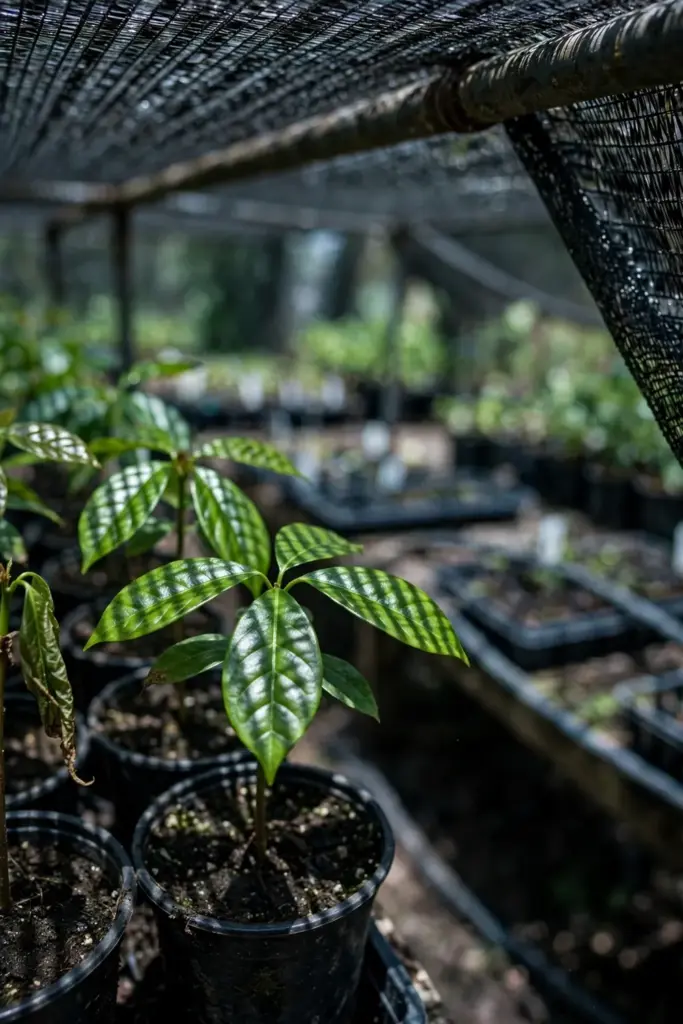 Young cinnamon seedlings growing under shade cloth in dappled light