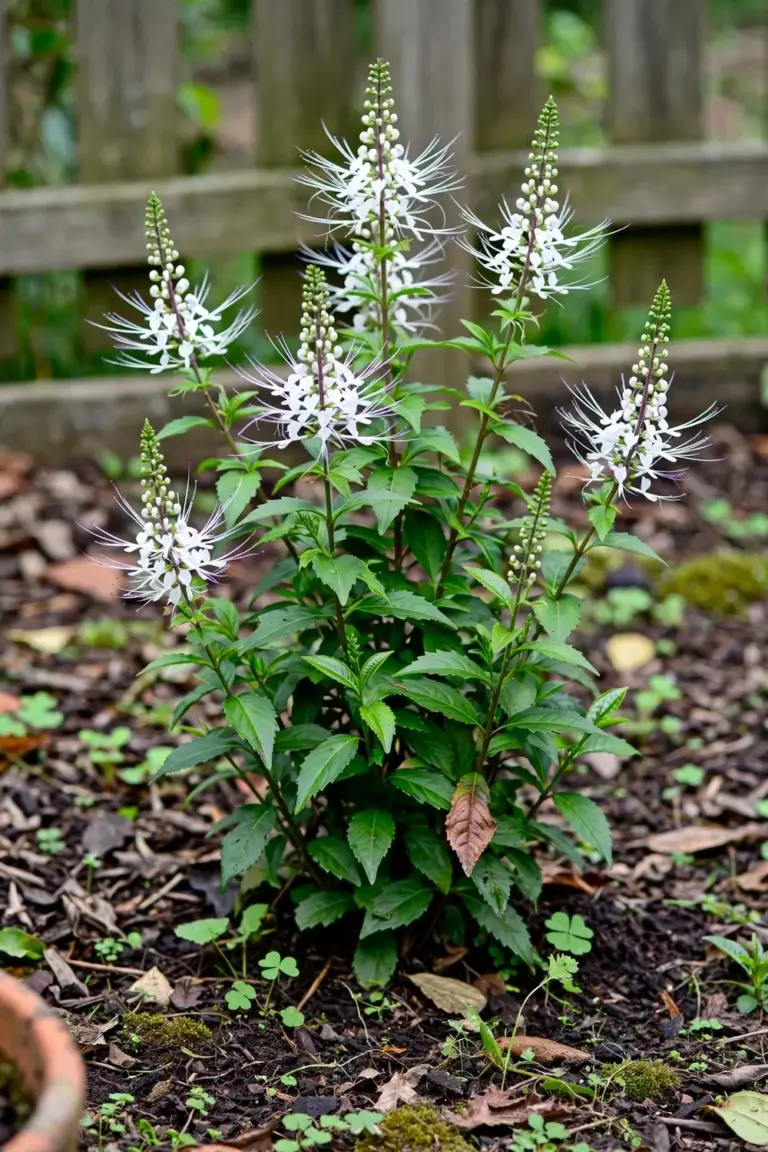 Bushy Java tea plant with white whisker flowers in a garden bed