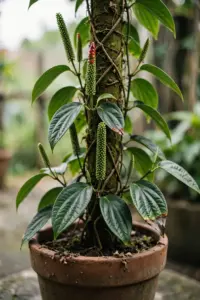 Potted Javanese long pepper vine climbing a moss pole with green fused fruit spikes