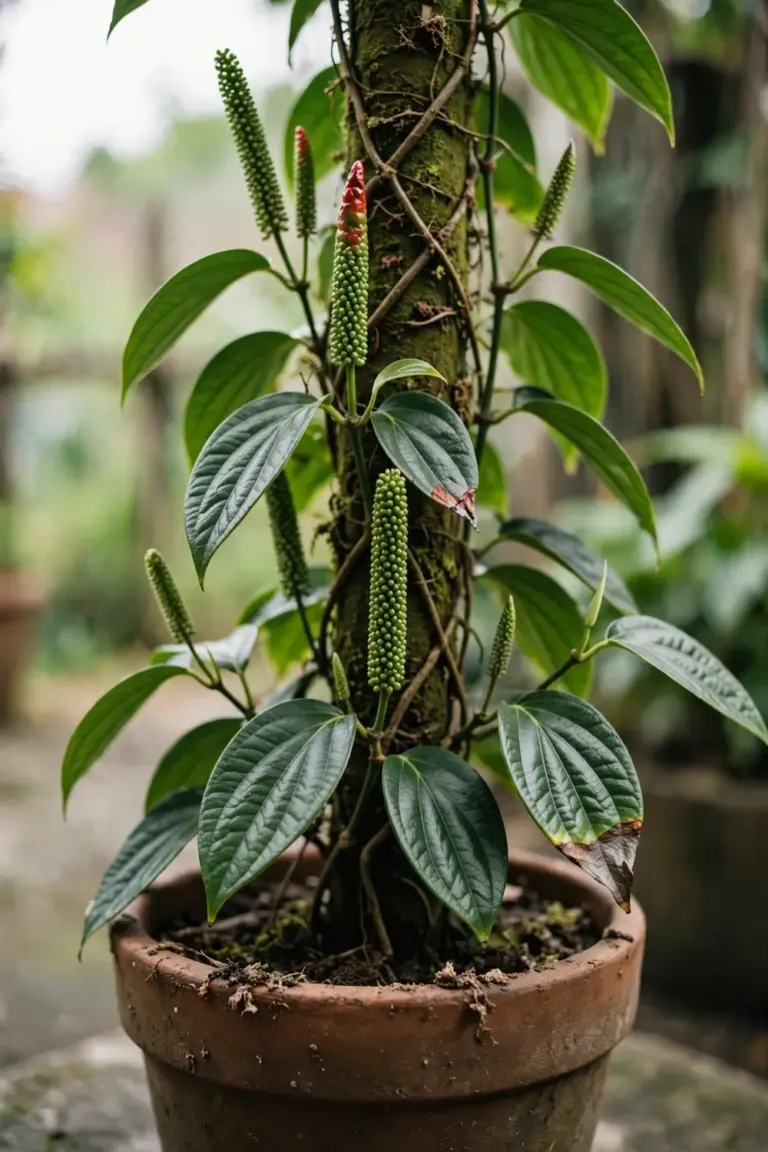 Potted Javanese long pepper vine climbing a moss pole with green fused fruit spikes