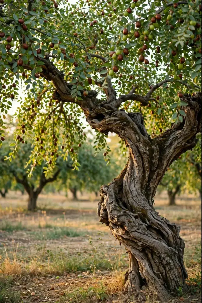 Ancient jujube tree with gnarled trunk in an orchard