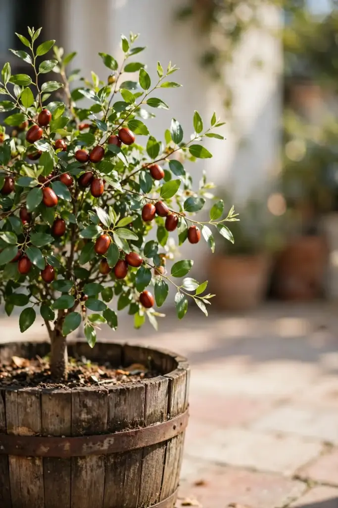 Compact jujube tree fruiting in a large half-barrel planter