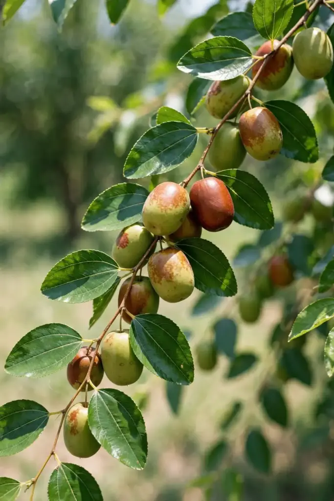 Jujube branch with glossy leaves and green unripe fruit beside dried red dates