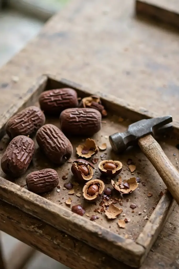 Jujube pits being cracked with a hammer beside extracted kernels