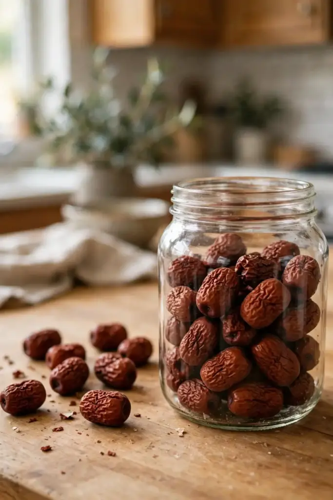 Dried jujubes in a glass jar on a kitchen counter