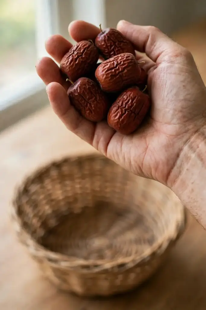 Hand holding wrinkled red-brown jujube fruits above a harvest basket