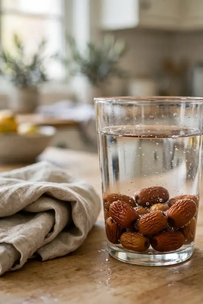 Jujube kernels soaking in a glass of room-temperature water
