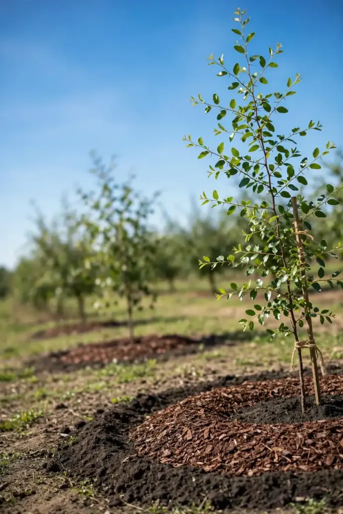 Newly planted jujube tree with mulch ring in a sunny orchard