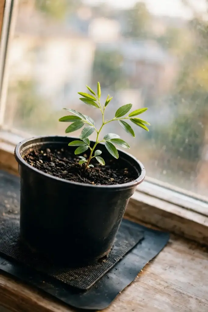 Jujube seedling sprouting from deep pot of mix on a heat mat