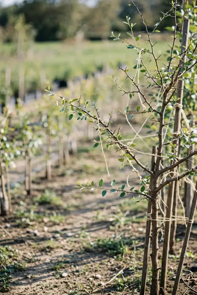 Young jujube tree trained with wide-angled scaffold branches