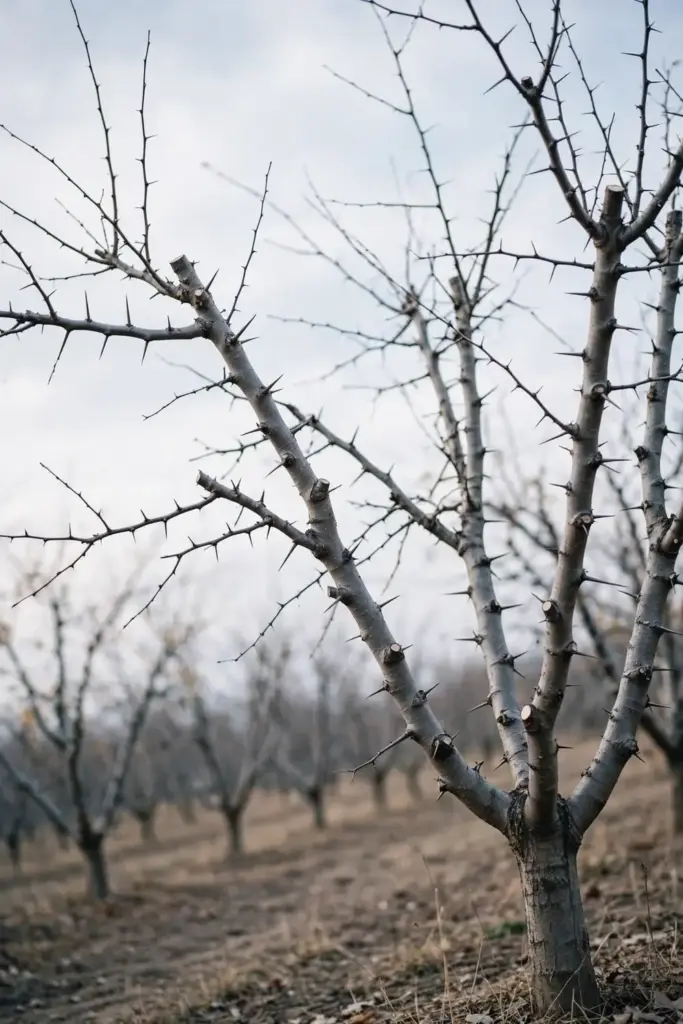 Jujube tree pruned in late winter with open vase shape