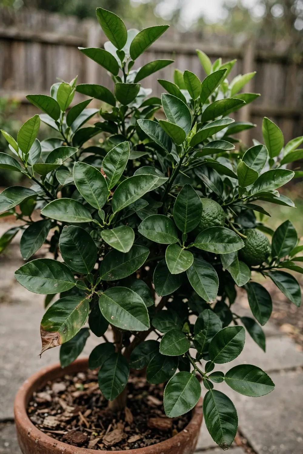 Potted makrut lime tree with glossy double-lobed leaves and bumpy green fruit on a sunny patio