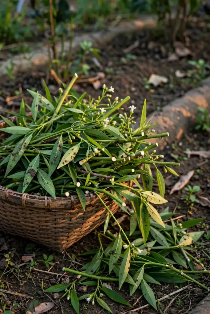 Basket of freshly harvested kalmegh stems in the garden