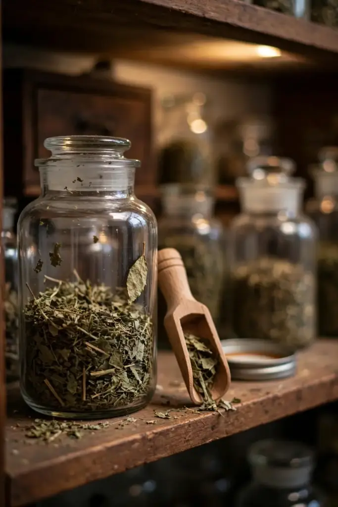Glass jar of dried kalmegh leaf on a wooden shelf