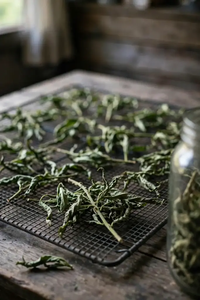 Kalmegh stems drying in shade on a mesh rack