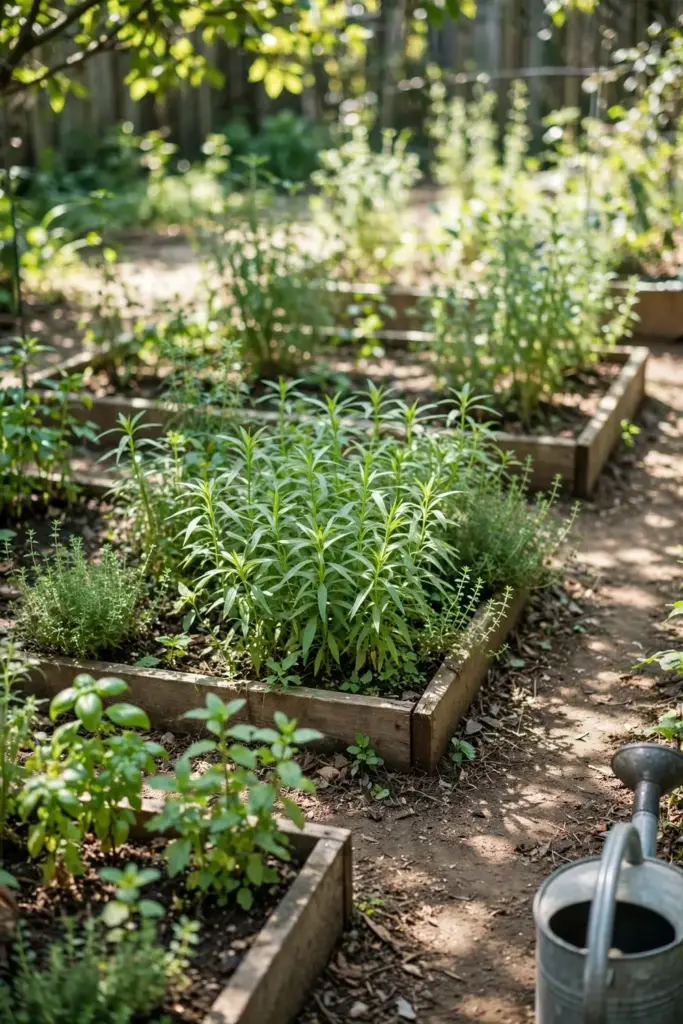 Overview of a home herb garden with kalmegh among the beds