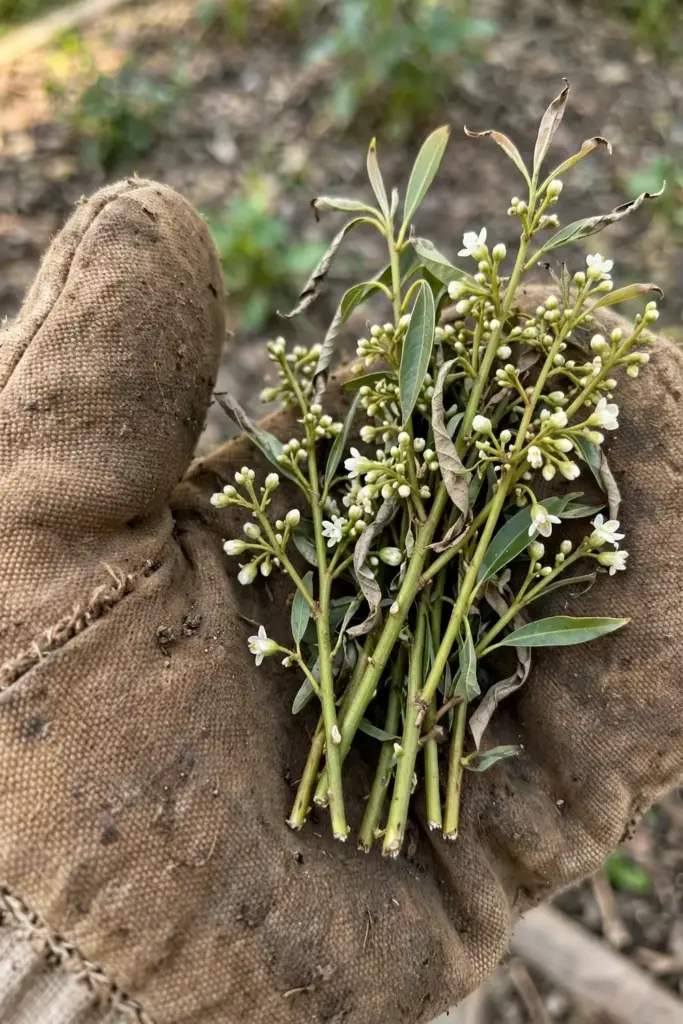 Hand holding freshly cut kalmegh stems at early flowering