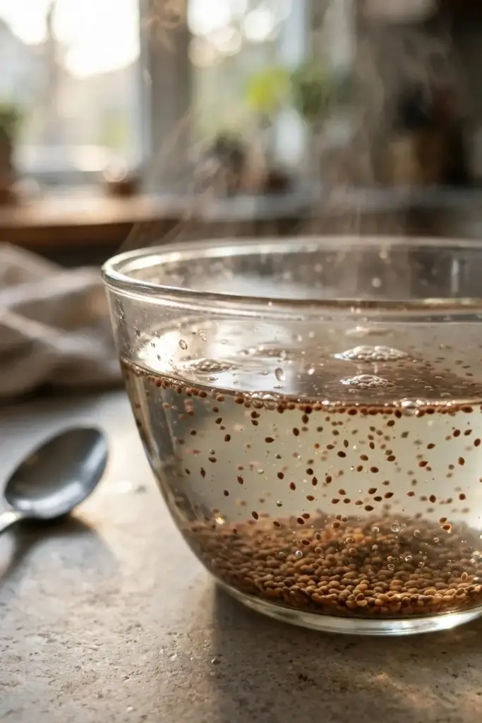 Kalmegh seeds soaking in warm water in a glass bowl