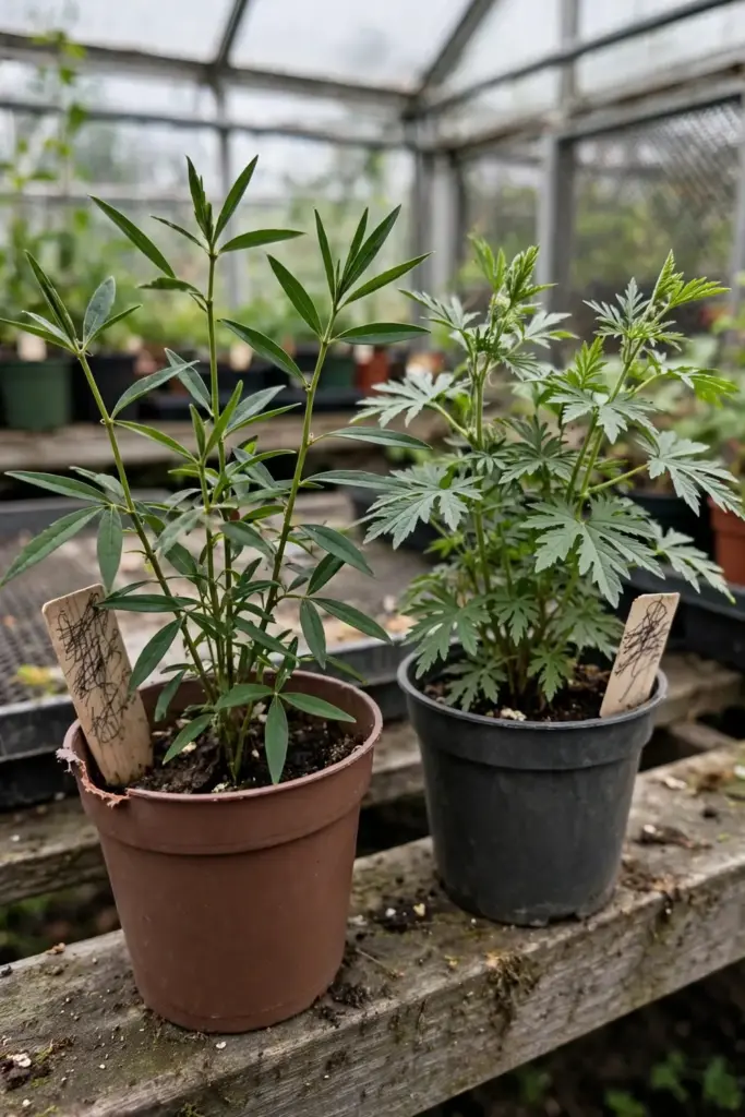 Kalmegh plant beside a different bitter herb for comparison